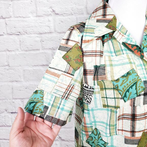 Vintage '70s Bradley Knitwear Green Plaid Patchwork Print Button Down Top Size M - Picture 13 of 16